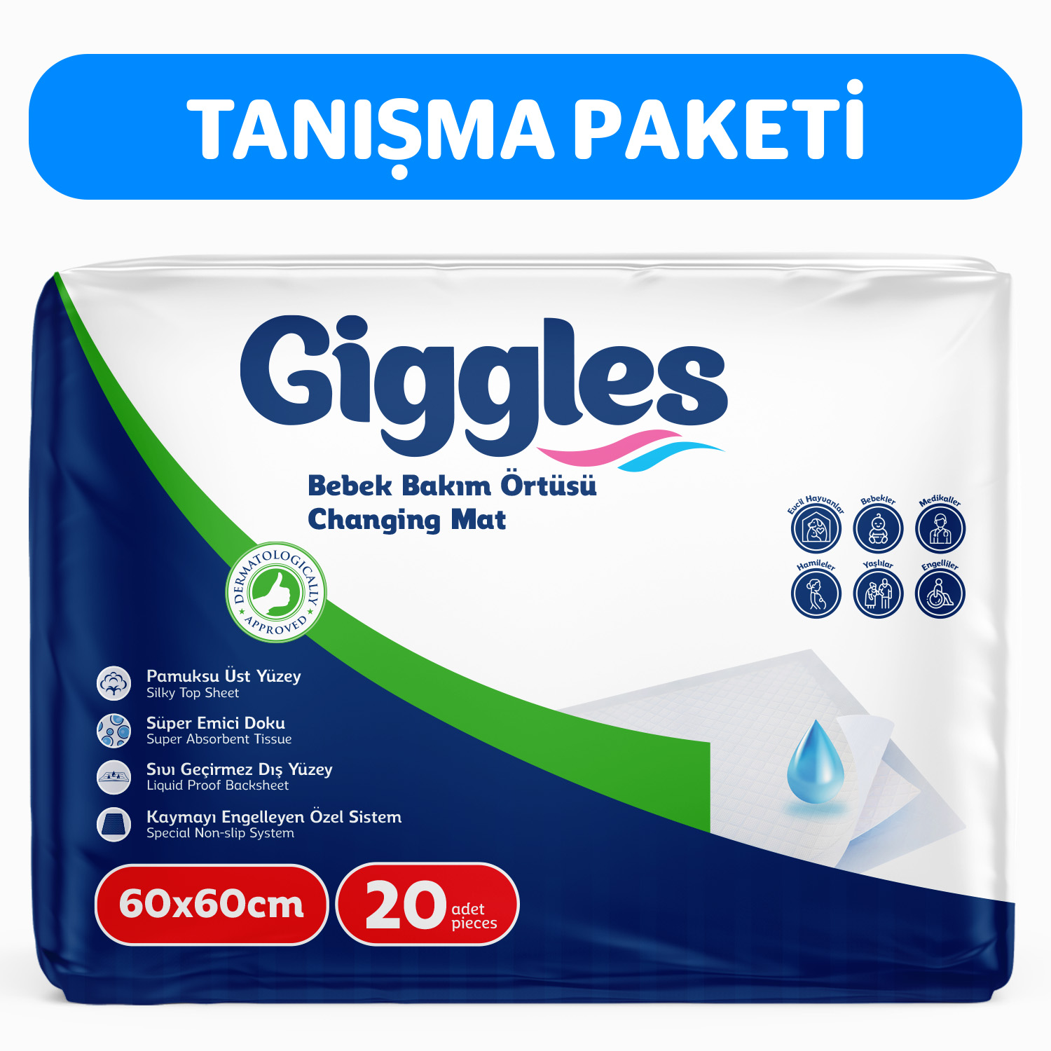 Giggles Bebek Bakım Örtüsü 60x60  Alt Açma Bezi 2 paket (20 adet)